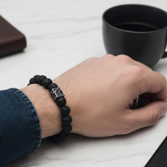 Men Lava Stone Bracelet with Anchor Black Beaded Bracelet with Silver Accent - Picture 2 of 7